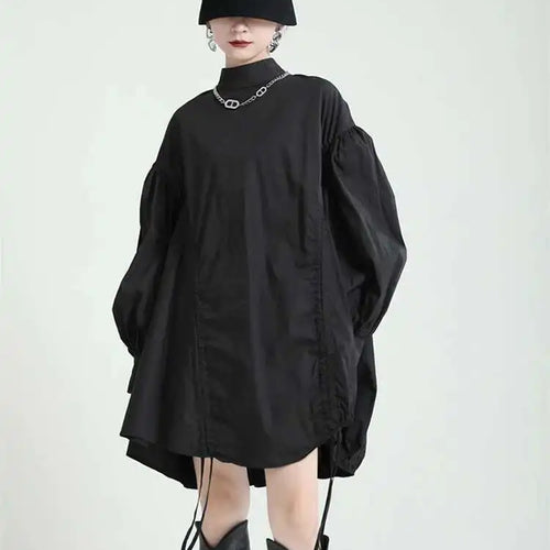 Load image into Gallery viewer, Women Balck Irregular Drawstring Big Size Dress New Stand Collar Long Sleeve Loose Fit Fashion Spring Autumn 2025 1Z18901
