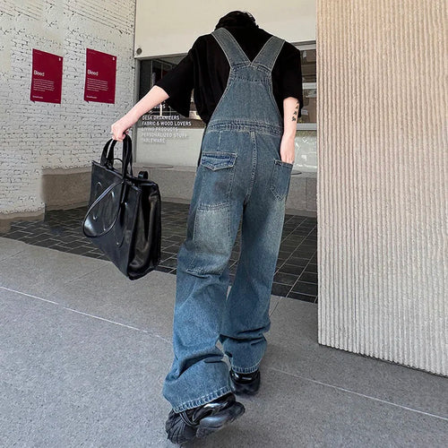 Load image into Gallery viewer, Men Denim Overalls American Style Washed Patchwork Large Pockets Solid Color Loose Male Jeans Retro Spring Trend 9C4886
