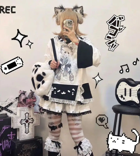 Japanese T Shirts Women Clothes Y2k Tops Sailor Collar Long Sleeve Loose Cartoon Tees Fashion Camisetas Anime Print Cute Tshirt
