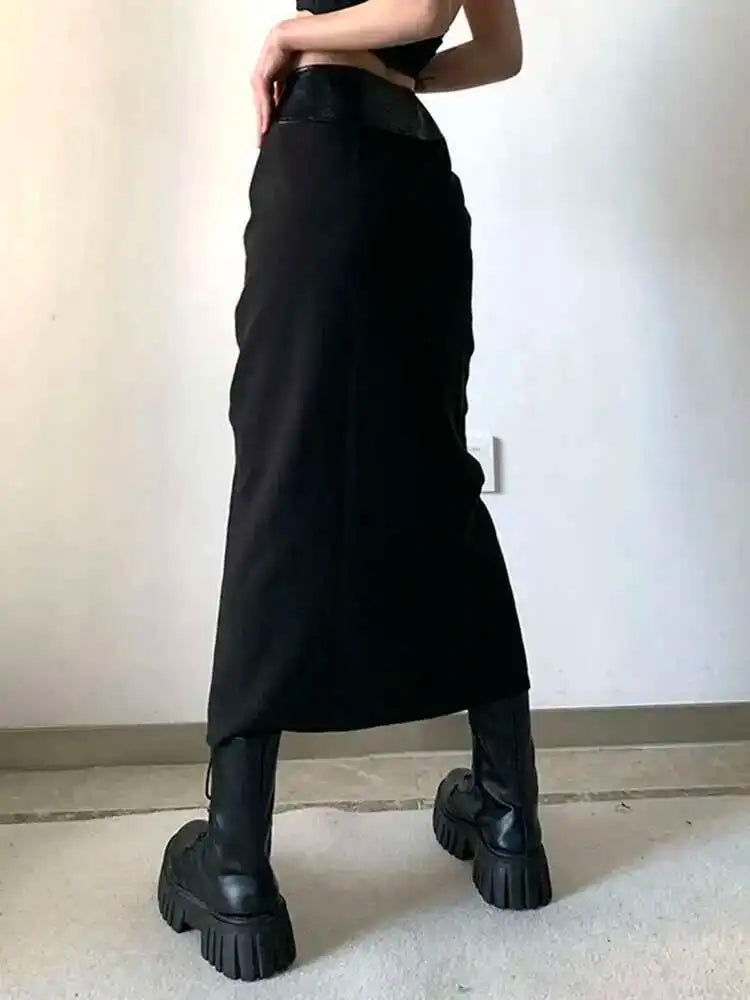 High Waist Black Pu Leather Pleated Zipper Slit Midi Half-body Skirt Women Fashion Tide New Spring Autumn 2025 1DH7055