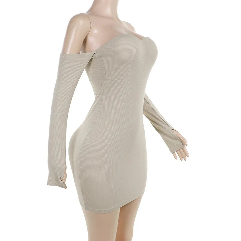 Off-shoulder Long Sleeve Sexy Mini Dress For Women Robe Fashion Ribbed Strapless Bodycon Fall High Waist Dress Elegant