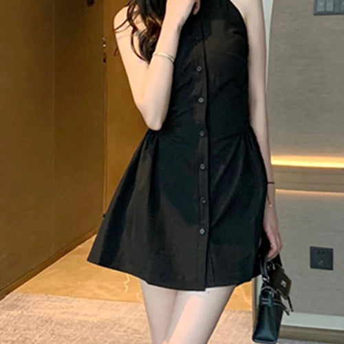 Load image into Gallery viewer, Black Halter Polo Neck Female Shirt Dress Slim Waist Sleeveless Solid Color Single Breasted Women&#39;s Dresses Office Lady
