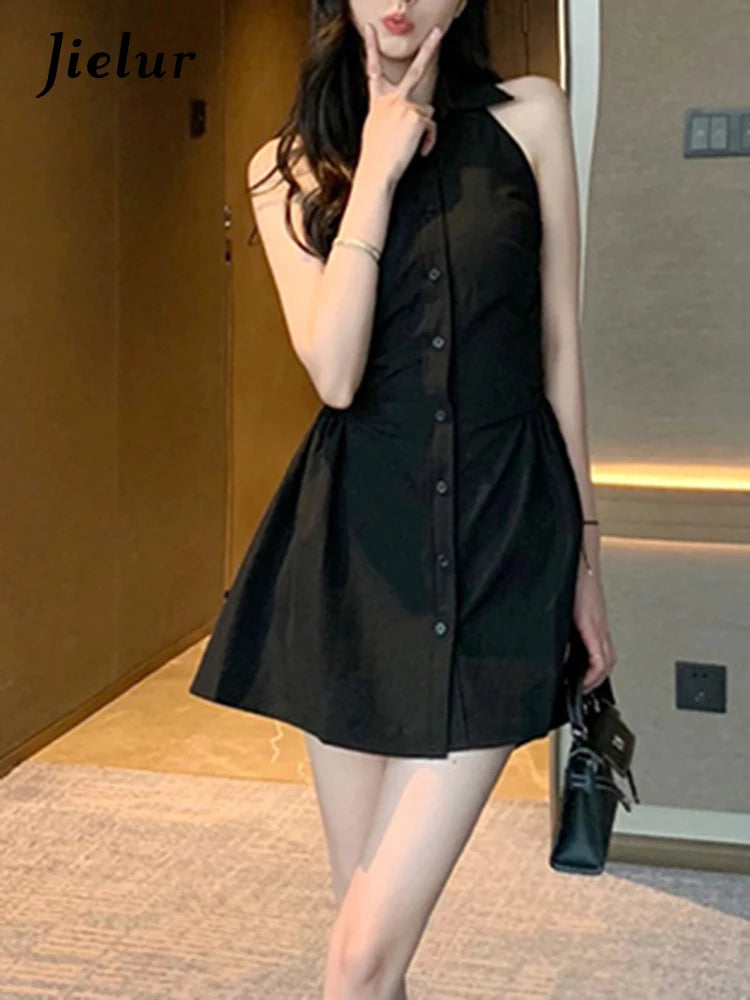 Black Halter Polo Neck Female Shirt Dress Slim Waist Sleeveless Solid Color Single Breasted Women's Dresses Office Lady