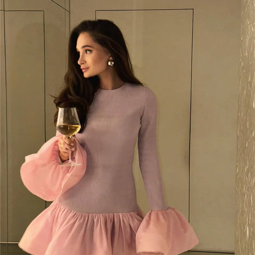 Load image into Gallery viewer, Long Flare Sleeve Knitted Sexy Mini Dress For Women Autumn Winter New Patchwork O Neck A-line Knit Puffy Dress Elegant
