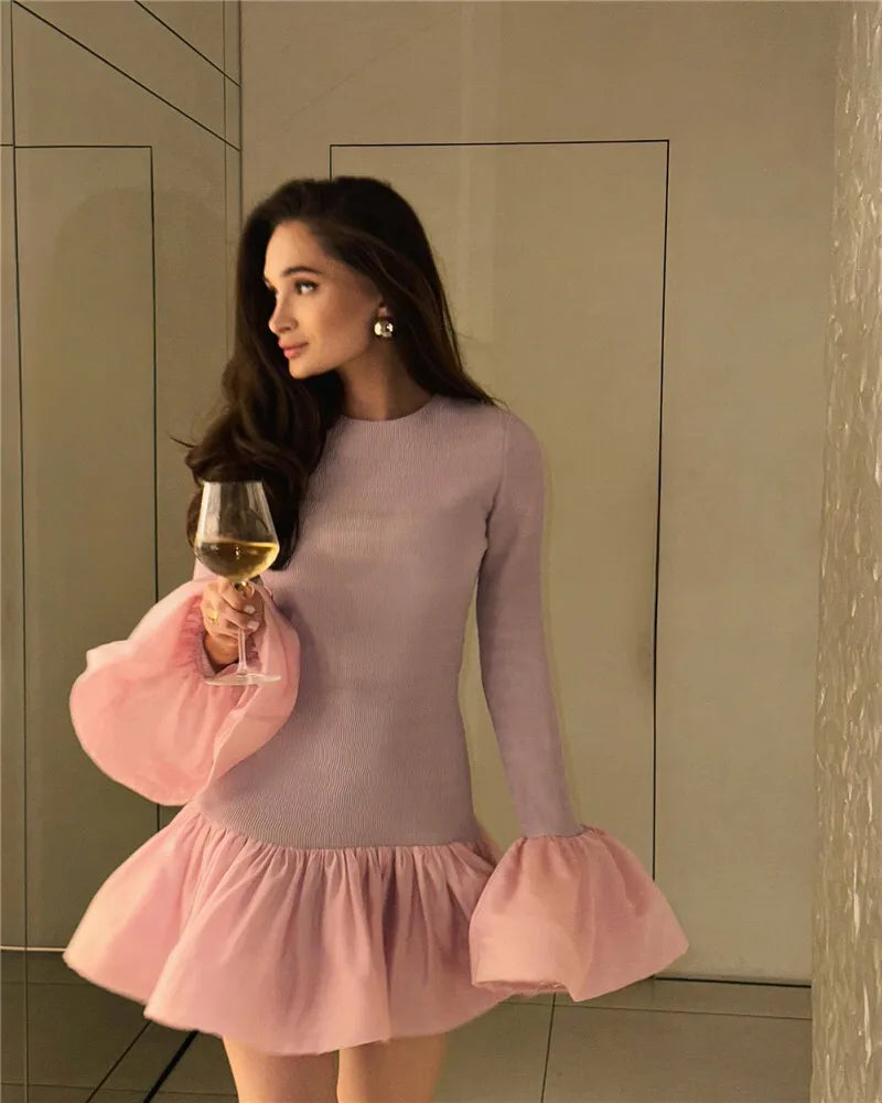 Long Flare Sleeve Knitted Sexy Mini Dress For Women Autumn Winter New Patchwork O Neck A-line Knit Puffy Dress Elegant