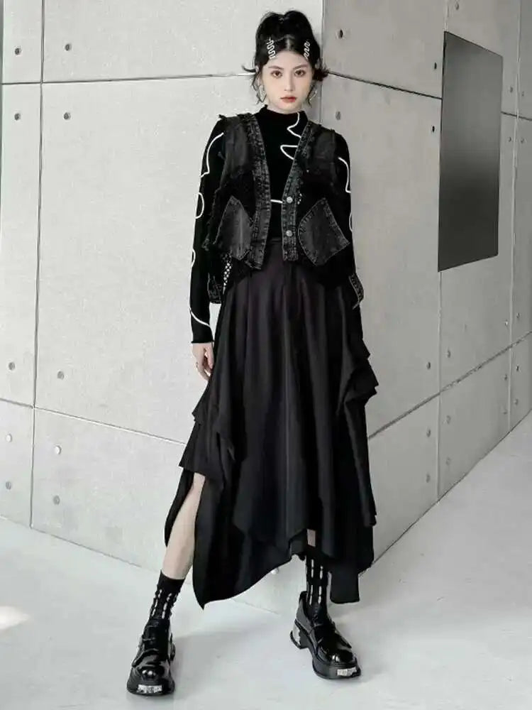 High Waist Black pleated Irregular A-line Half-body Skirt Women Loose Fit Fashion Tide New Spring Autumn 2025 1DH4346
