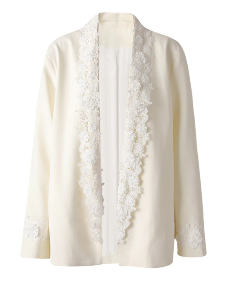 Women Apricot Lace Big Size Vintage Elegant Blazer New V-neck Long Sleeve Jacket Fashion Tide Spring Autumn 2025 CPG3179