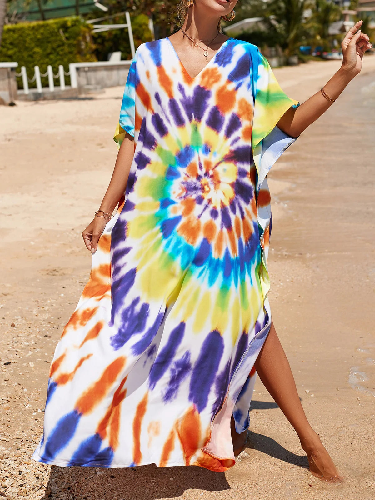 Colorful Kaftan Tunic Beach Cover Up Cover-ups Beach Dress Beach Wear Beachwear Loose Maxi Dress Female Women V4428