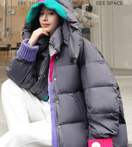 Oversize Outwear Female Winter Patchwork Zipper Down Cotton Coat 2023 New Women Loose Jacket Warm Thicken Hooded Parkas Fashion