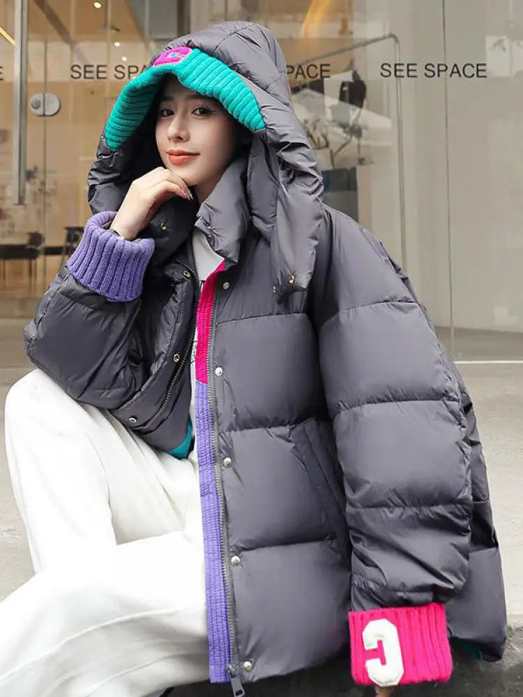 Oversize Outwear Female Winter Patchwork Zipper Down Cotton Coat 2023 New Women Loose Jacket Warm Thicken Hooded Parkas Fashion