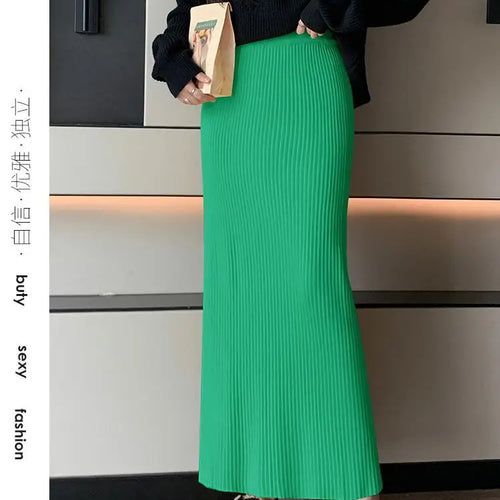 Load image into Gallery viewer, Autumn Winter Women Solid Straight Knitted Skirt Elastic High Waist Office Ladies Striped Wrapped Hip Long Skirts Popular
