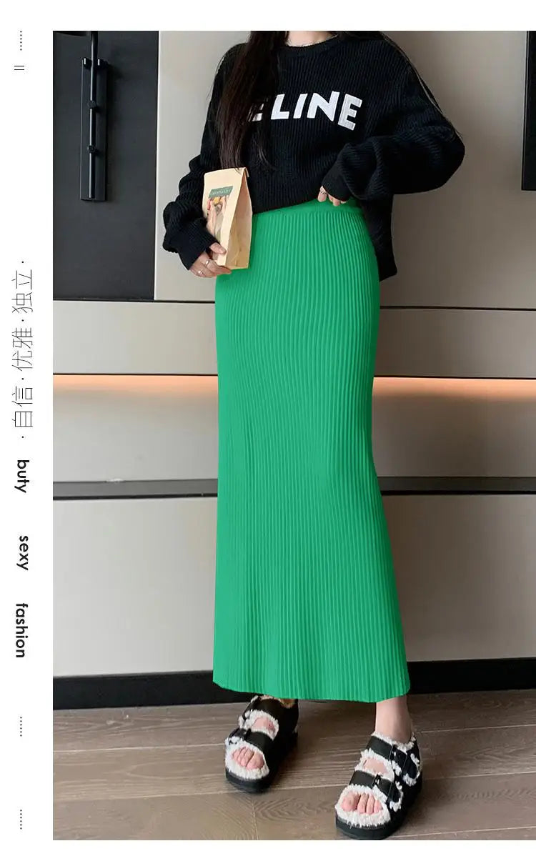 Autumn Winter Women Solid Straight Knitted Skirt Elastic High Waist Office Ladies Striped Wrapped Hip Long Skirts Popular