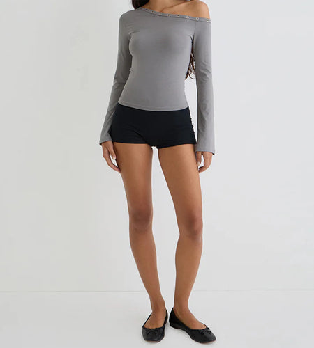 y2k Aesthetic Tops Women Clothes Solid Color Off One Shoulder Long Sleeve Cropped T Shirts 2000s Clothing Streetwear