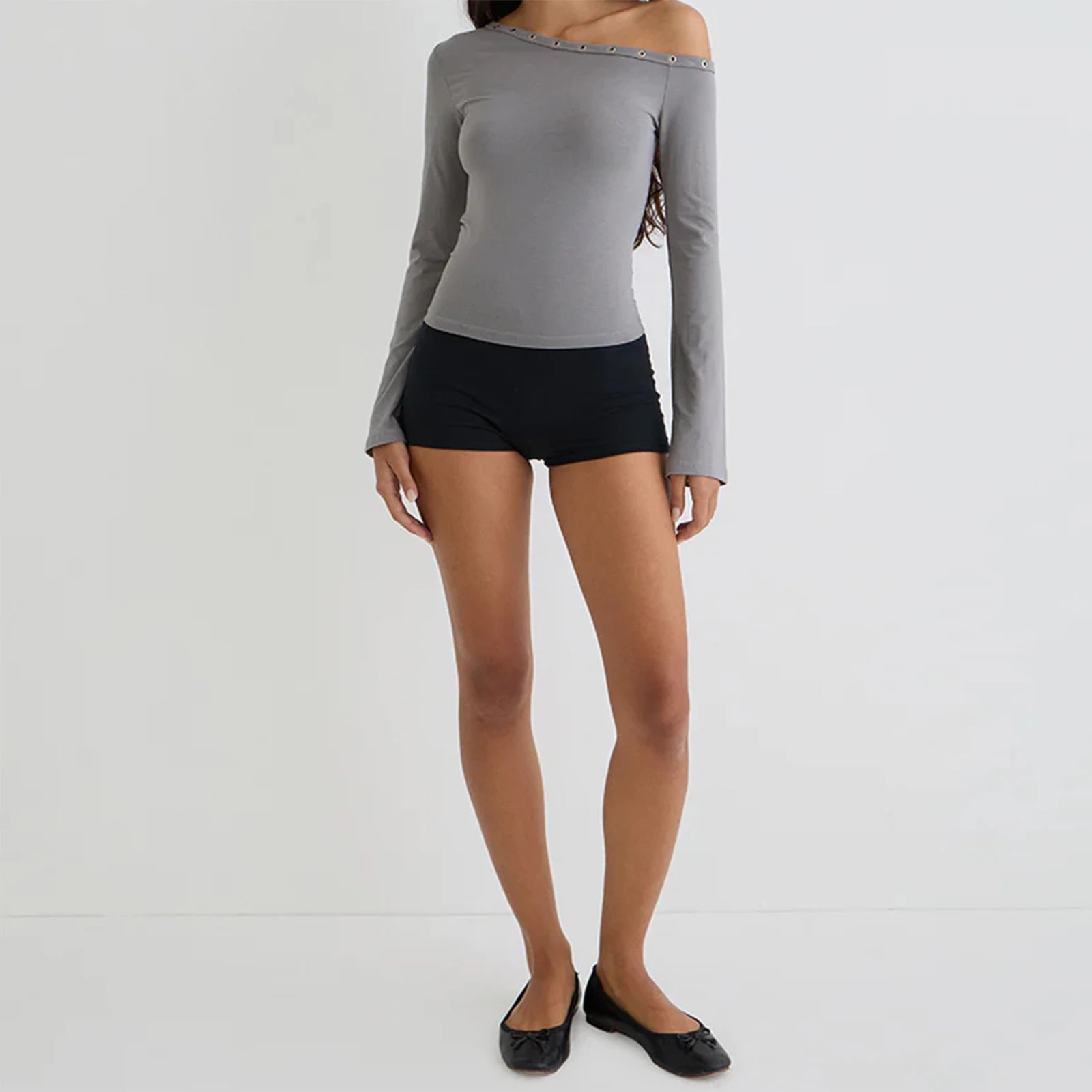 y2k Aesthetic Tops Women Clothes Solid Color Off One Shoulder Long Sleeve Cropped T Shirts 2000s Clothing Streetwear