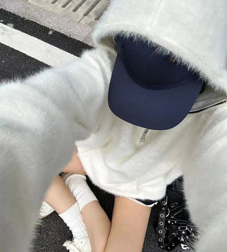 Streetwear Solid Grunge Zipper Hooded Sweaters 2025 Autumn Y2k Aesthetic Loose Casual Pullovers Women Oversized Harajuku Jumpers