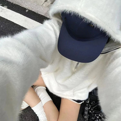 Load image into Gallery viewer, Streetwear Solid Grunge Zipper Hooded Sweaters 2025 Autumn Y2k Aesthetic Loose Casual Pullovers Women Oversized Harajuku Jumpers
