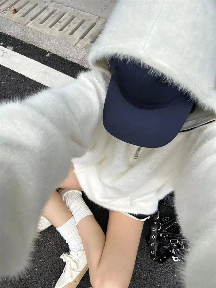 Streetwear Solid Grunge Zipper Hooded Sweaters 2025 Autumn Y2k Aesthetic Loose Casual Pullovers Women Oversized Harajuku Jumpers