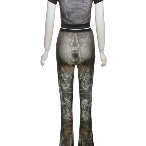 Load image into Gallery viewer, Sexy Vintage Print See Through 2 Piece Set Women Shorts Sleeve Crop Tops+Flare Pants Matching Midnight Fit Club Outfit
