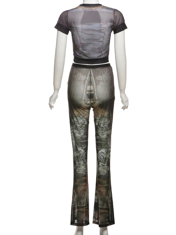 Sexy Vintage Print See Through 2 Piece Set Women Shorts Sleeve Crop Tops+Flare Pants Matching Midnight Fit Club Outfit