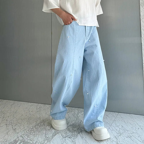 Load image into Gallery viewer, Korean Style Machete Jeans New Men Pearl Decoration Men&#39;s Wide Leg Denim Pants Fashion Trend Ligh-blue Summer 9C5845
