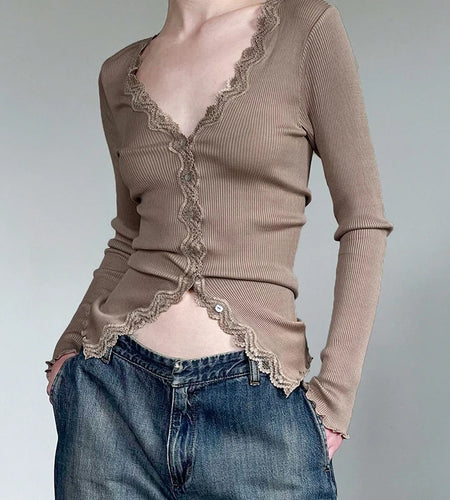 Elegant Y2K V Neck Knitted Female T-shirt Lace Trim Long Sleeve Tees Slim Korean Fashion Buttons Autumn Top Clothing