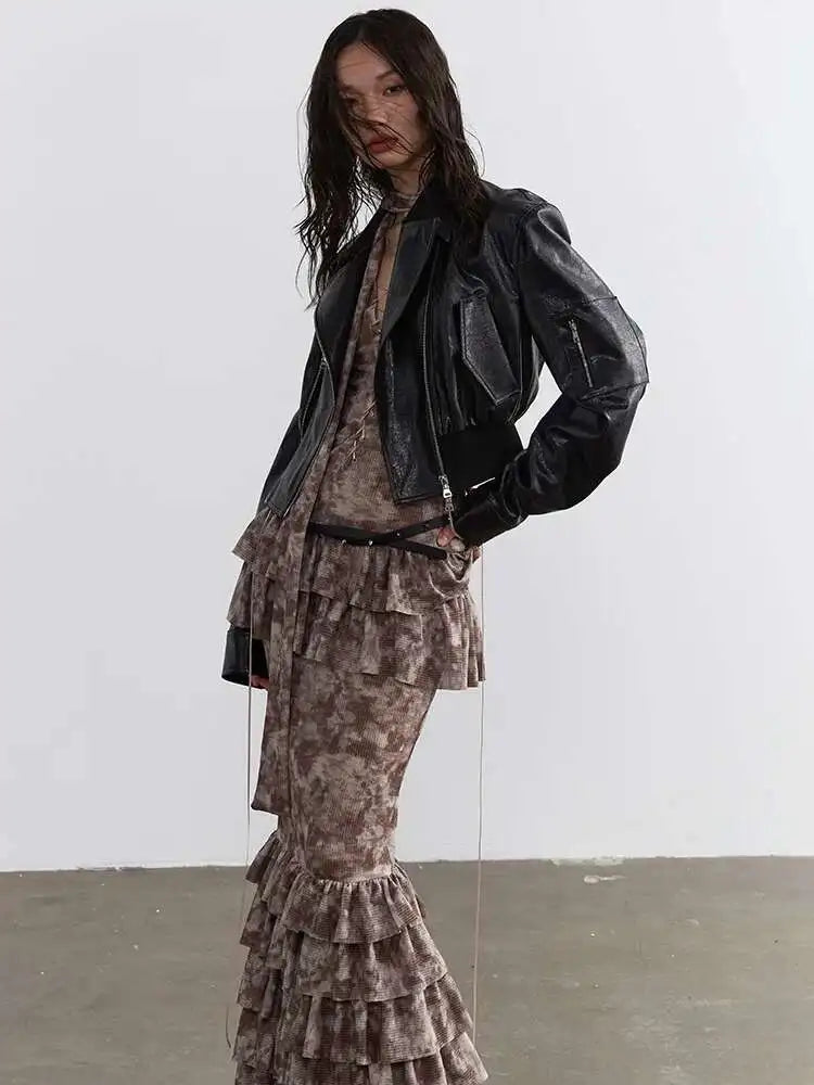 Women Beige Hollow Out Bandge Ruffles Long Elegant Dress New V-Neck Long Sleeve Fashion Tide Spring Autumn 2025 1DH4719