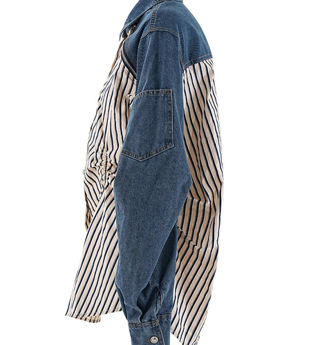 Women Blue Striped Pleated Denim Big Size Blouse New Lapel Long Sleeve Shirt Fashion Tide Spring Autumn 2025 CP3262