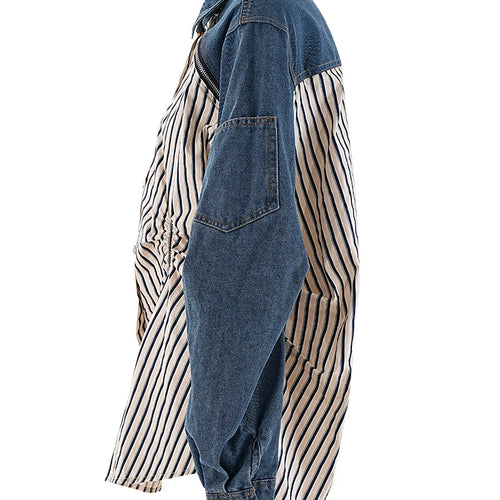 Load image into Gallery viewer, Women Blue Striped Pleated Denim Big Size Blouse New Lapel Long Sleeve Shirt Fashion Tide Spring Autumn 2025 CP3262
