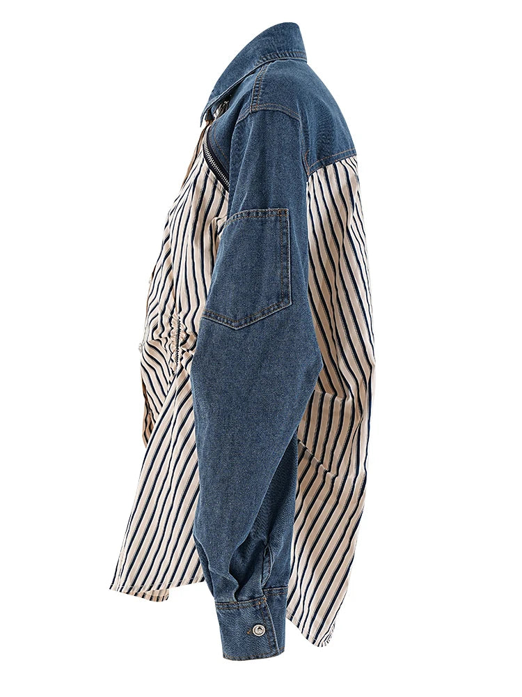 Women Blue Striped Pleated Denim Big Size Blouse New Lapel Long Sleeve Shirt Fashion Tide Spring Autumn 2025 CP3262
