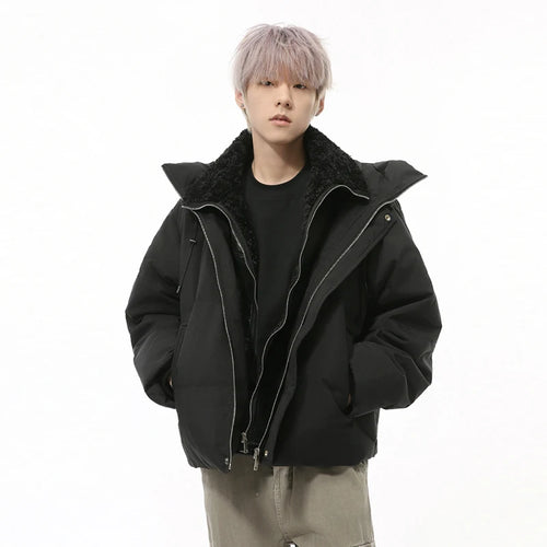 Load image into Gallery viewer, Niche Design Men&#39;s Down Jackets Fake Two-piece Hooded Stand Collar Solid Color Drawstring Casual Short Male Coats 9C9327
