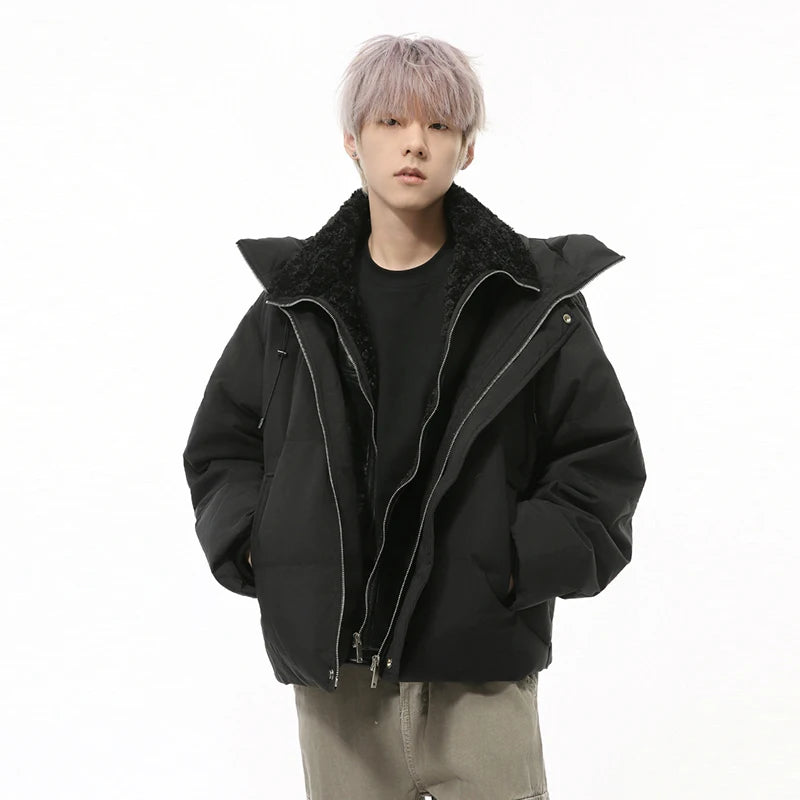 Niche Design Men's Down Jackets Fake Two-piece Hooded Stand Collar Solid Color Drawstring Casual Short Male Coats 9C9327