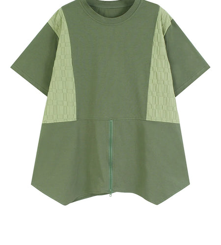 Women Green Plaid Color-block Zipper Big Size T-shirt New Round Neck Short Sleeve Fashion Tide Spring Summer 2025 1DJ0860