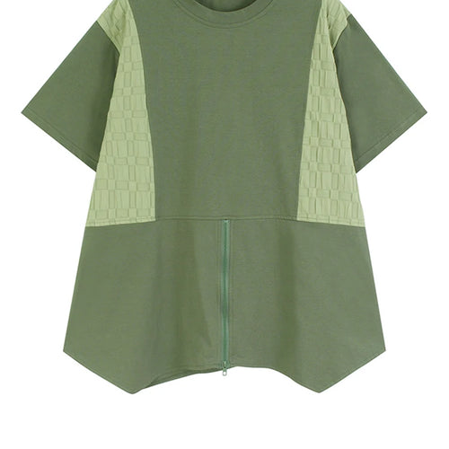 Load image into Gallery viewer, Women Green Plaid Color-block Zipper Big Size T-shirt New Round Neck Short Sleeve Fashion Tide Spring Summer 2025 1DJ0860
