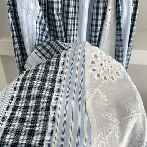 Load image into Gallery viewer, High Elastic Waist Blue Plaid Lace Color-block A-line Half-body Skirt Women Fashion Tide New Spring Autumn 2025 1DJ0356
