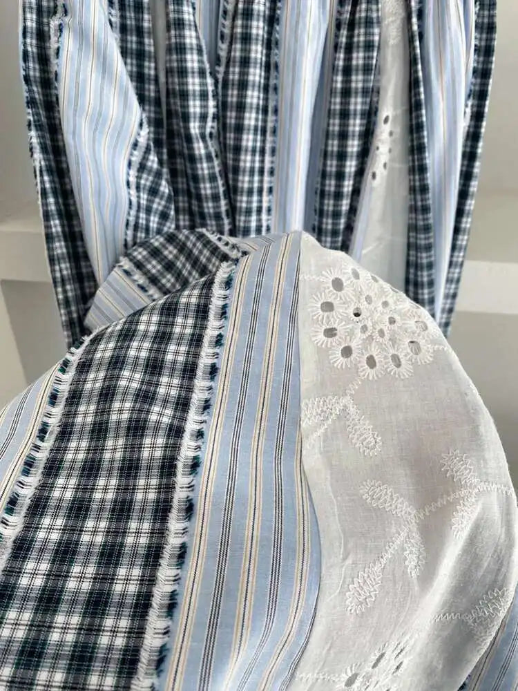 High Elastic Waist Blue Plaid Lace Color-block A-line Half-body Skirt Women Fashion Tide New Spring Autumn 2025 1DJ0356