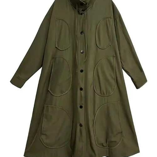 Load image into Gallery viewer, Women Army Green Patch Drawstring Big Size Midi Dress New Stand Collar Long Sleeve Fashion Tide Spring Autumn 2025 1DH9211
