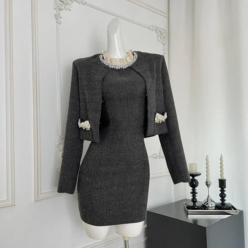 Load image into Gallery viewer, Autumn Winter Fashion Women's Set 2024 New Korean Gray Button Short Coat And Round Neck Ruffles Pearl Vest Dress Two Piece Suits
