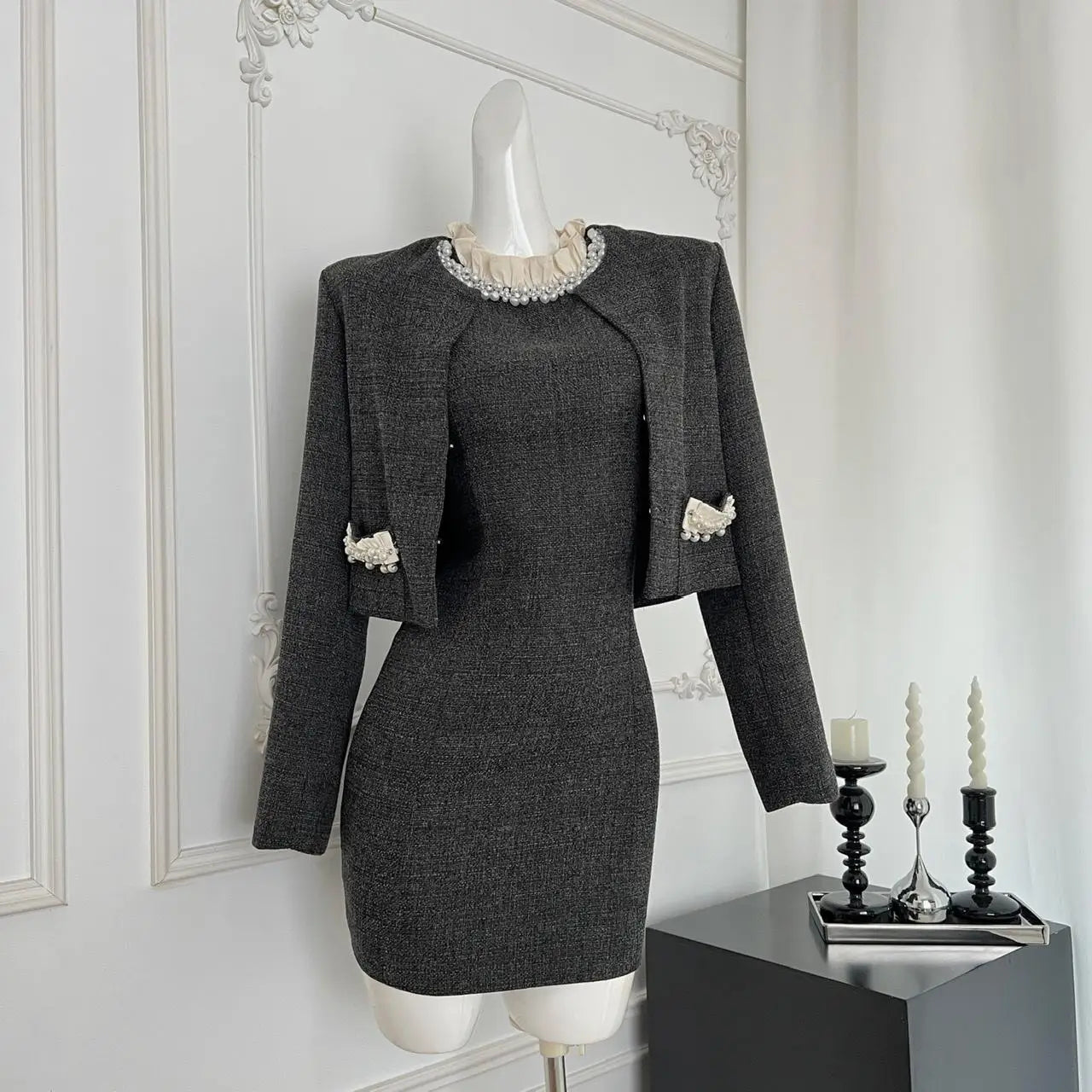 Autumn Winter Fashion Women's Set 2024 New Korean Gray Button Short Coat And Round Neck Ruffles Pearl Vest Dress Two Piece Suits