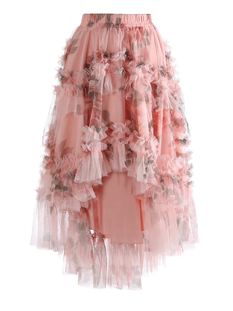 High Elastic Waist Apricot Mesh Irregular Ball Gown Half-body Skirt Women Fashion Tide New Spring Autumn 2025 1DJ1274
