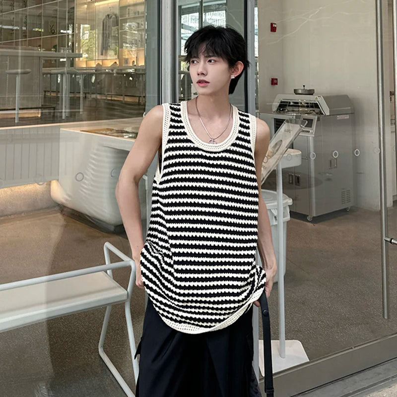 Summer Vest Loose Fashion Tank Top Sleeveless Stripe T-shirt Hollow Out Design Casual Man's Top Loose 9C5367