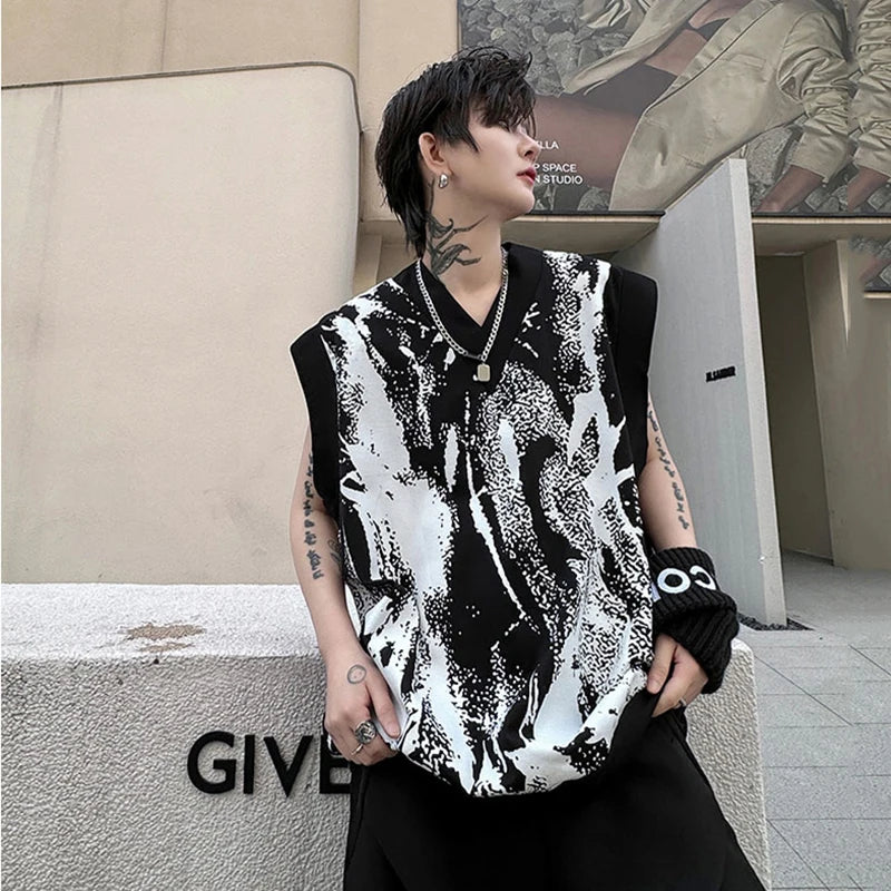 Summer V-neck Loose Men's Tank Top Geometric Print Pattern Pullover Contrast Color Male Top Sleeveless 9C5503