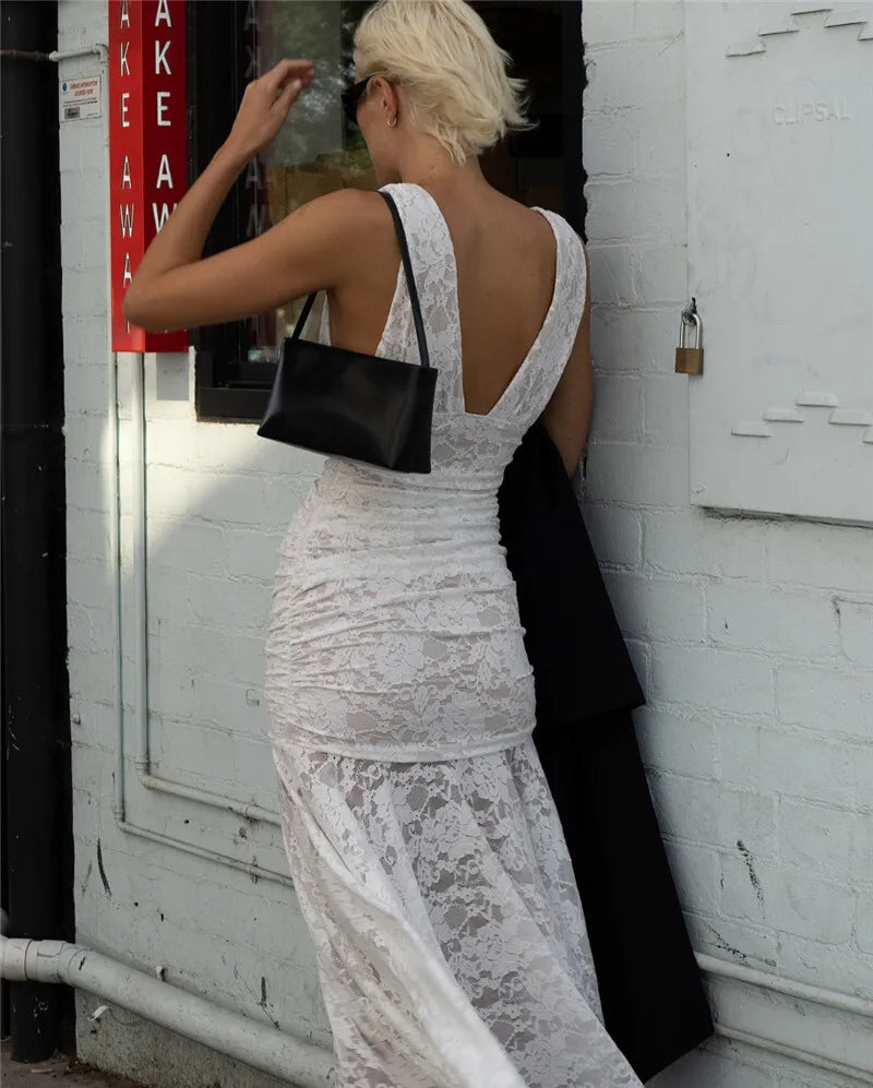 Lace Ruched Sexy Maxi Dress Women Gown White Patchwork Deep V Neck Sleeveless Backless High Waist Long Tank Dress