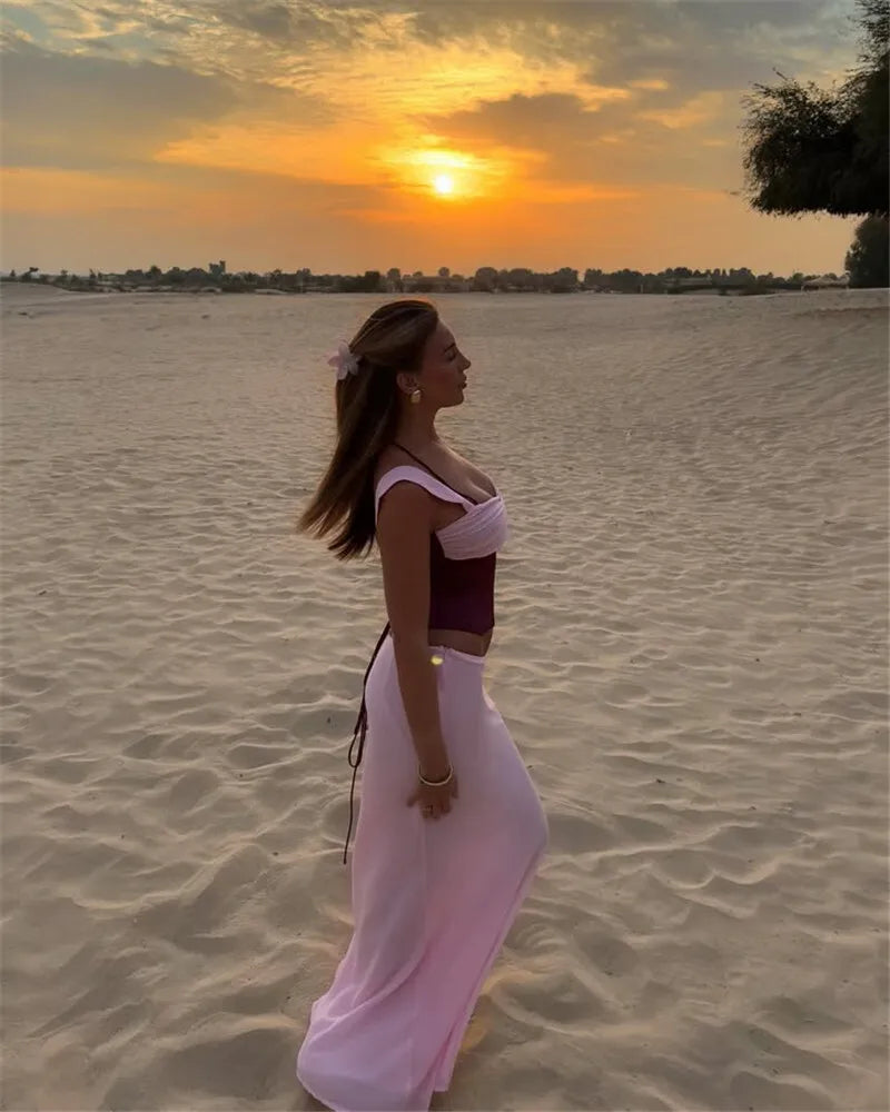 Sexy Skirt Two Piece Sets Women Halter Lace-up Cropped Tops And Maxi Skirt Ladies Fashion Sleeveless 2 Piece Sets