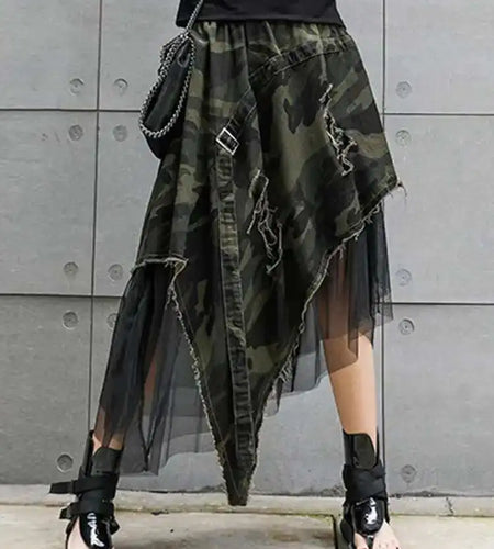 High Elastic Waist Camouflage Irregular Mesh A-line Half-body Skirt Women Fashion Tide New Spring Autumn 2025 1DH6094