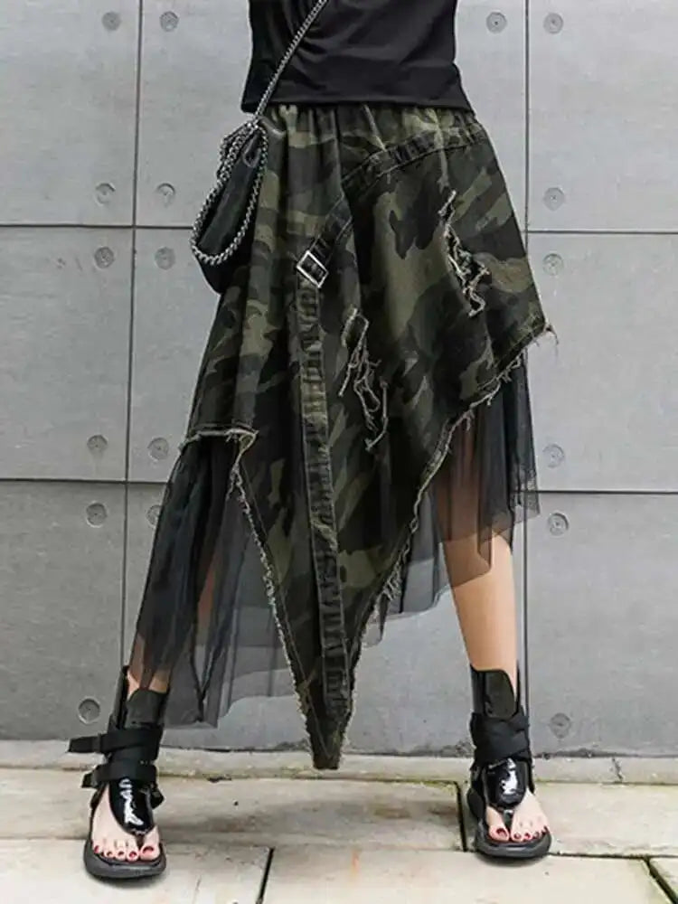 High Elastic Waist Camouflage Irregular Mesh A-line Half-body Skirt Women Fashion Tide New Spring Autumn 2025 1DH6094