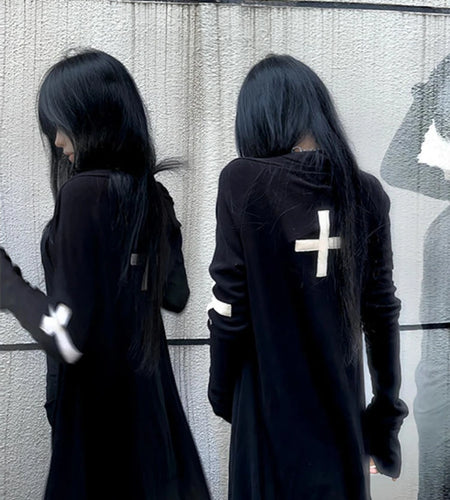 Harajuku Women Black Punk Jackets Gothic Vintage Y2k Aesthetic Loose Crucifix Printing Jacket Streetwear Grunge Irregular Tops