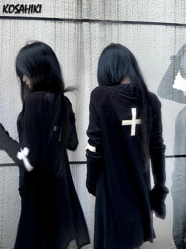 Harajuku Women Black Punk Jackets Gothic Vintage Y2k Aesthetic Loose Crucifix Printing Jacket Streetwear Grunge Irregular Tops