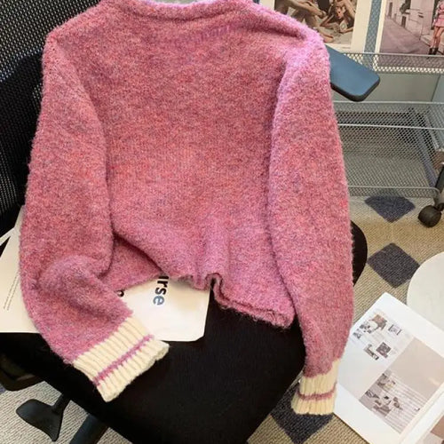 Load image into Gallery viewer, Korean Purple Patchwork Long Sleeved Short Sweater Women's New Green Casual Thick Loose Knit Pullover Top Autumn Winter 2024 Y2k
