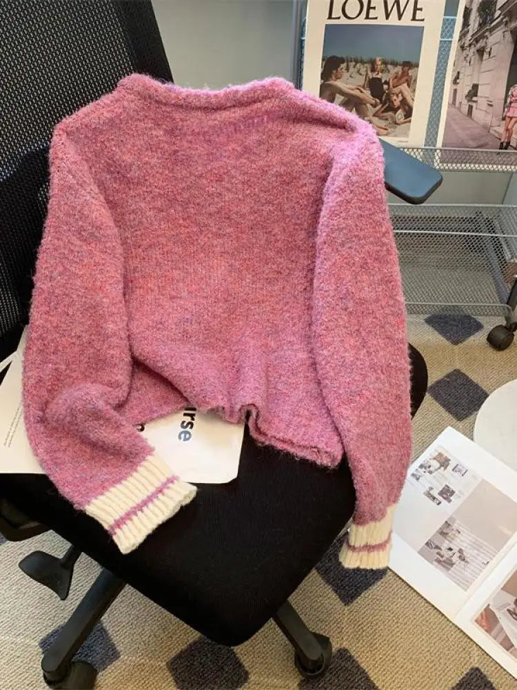 Korean Purple Patchwork Long Sleeved Short Sweater Women's New Green Casual Thick Loose Knit Pullover Top Autumn Winter 2024 Y2k