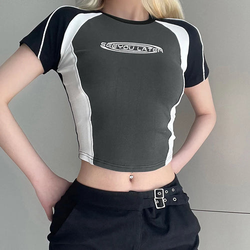 Load image into Gallery viewer, Streetwear Bikercore Letter Stripe Spliced Bodycon Crop Top Women Tee Shirt Casual Stitch Summer Tshirts Contrast
